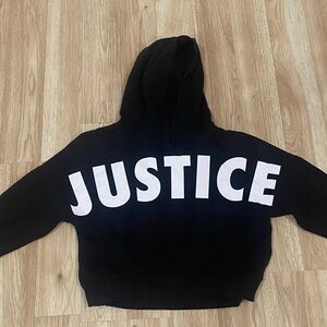 Justice Black cropped Hoodie with Bold White Logo